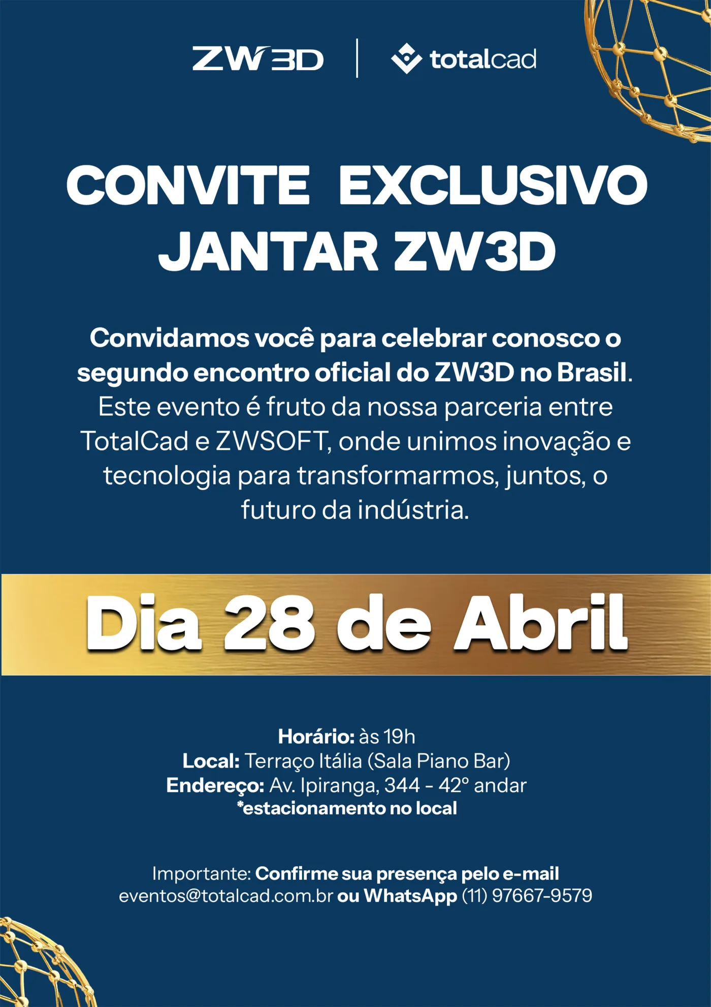 Jantar ZW3D — convite exclusivo do evento