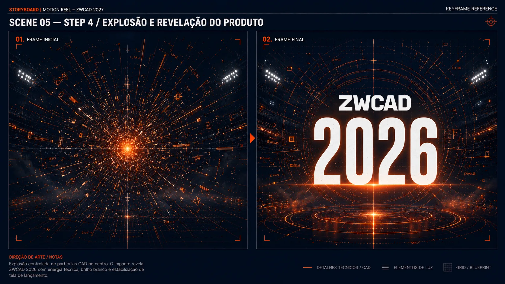 Convocação ZWCAD — board de storyboard: explosão e revelação do ZWCAD 2026